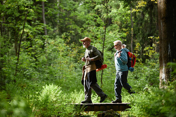 Two senior Caucasian people hiking through lush green forest, carrying backpacks and walking across...