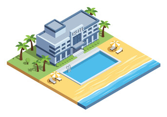 Isometric illustration of a luxury beachfront hotel with swimming pool, palm trees, and ocean view, perfect for tropical vacation, summer holiday, travel, and resort architecture concepts