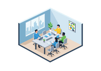 Isometric illustration of a business meeting in a modern office with diverse team members discussing charts and analytics on laptops, ideal for corporate, teamwork, and presentation concepts
