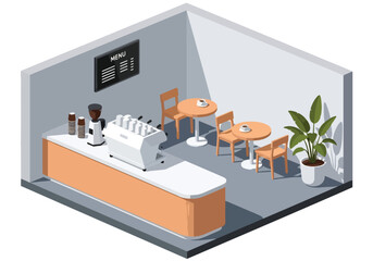 Isometric illustration of a modern coffee shop interior with tables, chairs, counter, coffee machines, display case of pastries, and minimal decor, perfect for cafe design and branding concepts