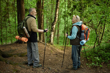 Senior Caucasian man and senior Caucasian woman hiking with backpacks and trekking poles in forest,...