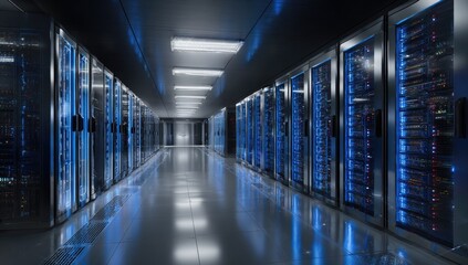 Dark server room, rows of server racks lit by blue light