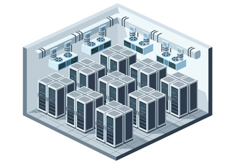 Isometric illustration of a modern data center with multiple server racks, network cabling, and a workstation for monitoring, representing cloud computing, hosting, and IT infrastructure