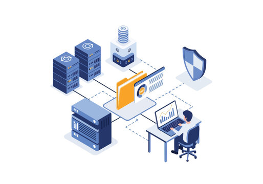 Isometric illustration of data center network with servers, database storage, cybersecurity shield, file management, and analyst working on laptop for IT infrastructure and data protection concept