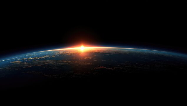 Earth's sunrise from space. Vast expanse of space, dark void, horizon, sunrise, illuminating Earth's limb, clouds visible - Powered by Adobe