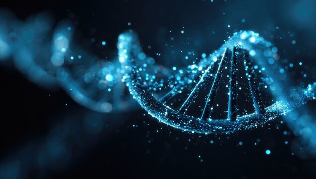 DNA helix, digital, glowing blue particles, dark background