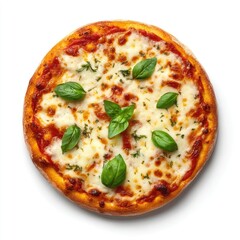 Round pizza, topped with mozzarella cheese, tomato sauce, and fresh basil