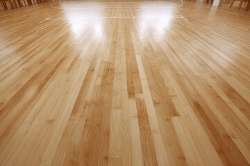 High-angle view of a light-tan wooden floor, likely in a gym or school.  The planks run parallel and the floor reflects light