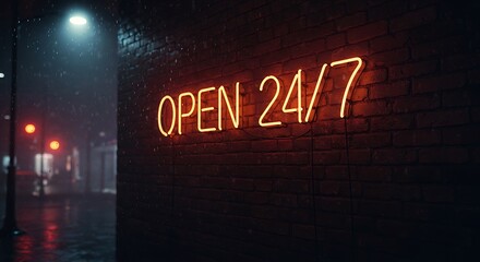 Illuminated neon sign displaying "OPEN 24/7" on a brick wall in a rainy night scene.