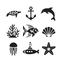 Fototapeta premium Sea Life & Nautical Silhouette Icon Bundle. Black Marine Vector Symbols Whale, Dolphin, Turtle, Fish, Coral, Anchor, Submarine, Shell, Starfish, Jellyfish Isolated on White Background 
