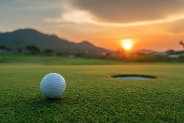 Golf ball on green at sunset.  Golden hour.  Peaceful golf course