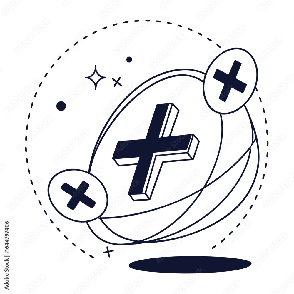 Poster abstract geometric design with cross symbols and orbiting elements
