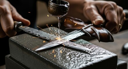 Intricate process of creating a damascus steel sword showing the forging with craftsmanship © Eri