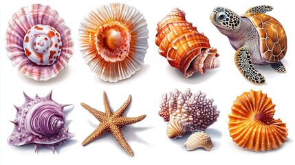 Obraz premium Collection of various seashells and a turtle isolated on white background.