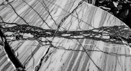 Fractured stone surface shows white & grey layers, with a dark vein cutting across