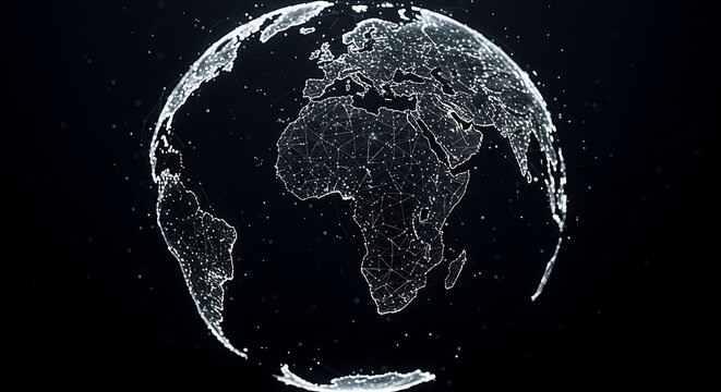 Monochrome Digital Earth Sphere: A Luminous Plexus Network Highlighting Global Connectivity.