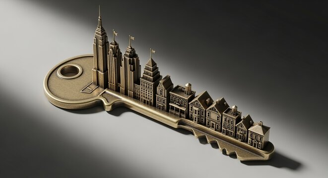 A golden key with a cityscape on it showing buildings and houses of different sizes in a row on the key - Powered by Adobe