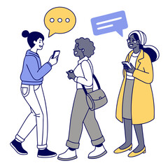 Diverse group of women communicating and using smartphones