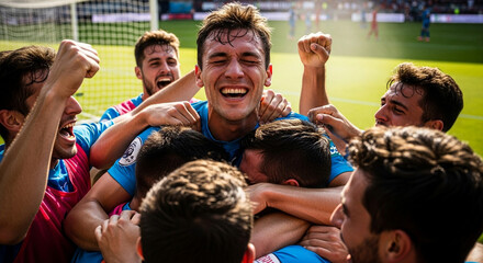 Ecstatic football player with mouth open in joy, celebrating a goal with his jubilant teammates.