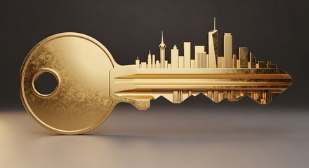 A golden key with a cityscape silhouette cut into the blade on a dark background with light reflection