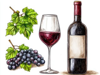 Red Wine Bottle, Glass, Grapes and Vine Leaves Illustration