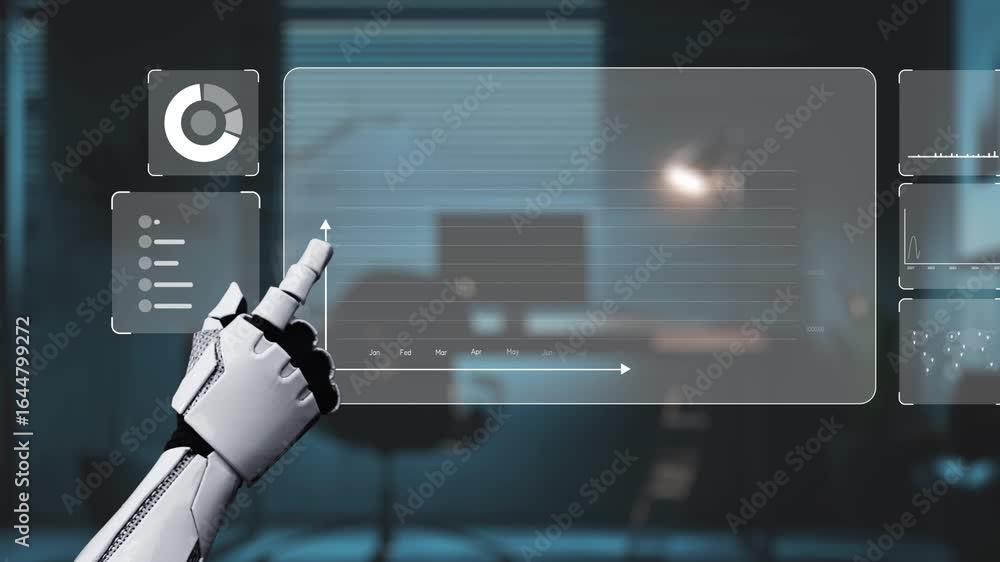Poster a robotic hand engages with a transparent digital dashboard showcasing various analytics and growth 