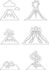 Volcanic Icon set. A Striking Minimalist Eruption and Mountain Silhouettes Depicting the Fiery Majesty of Nature’s Geological Powerhouses, Featuring Diverse Eruption with Ash Clouds and lava bursts