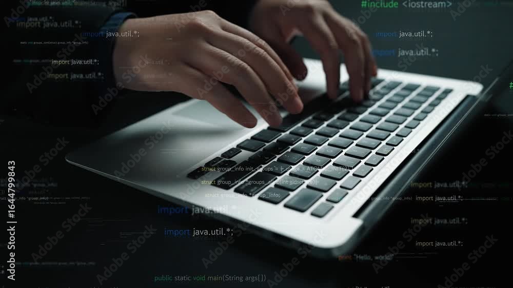 Poster close-up of hands actively typing on a laptop keyboard, surrounded by vibrant programming code snipp