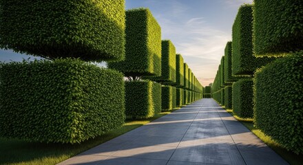 Geometric garden with square trimmed hedges and symmetrical pathway
