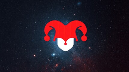 Anonymous humorist wearing a jester's hat against galaxy background