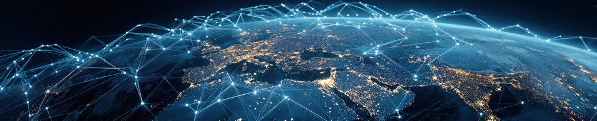 global map of the planet of Earth connected by lines continents and countries. 5G Internet, global exchange, communication. Globalization and international modern technologies