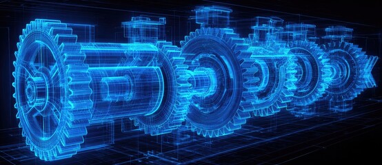 Blue glowing transparent gears,  mechanical system