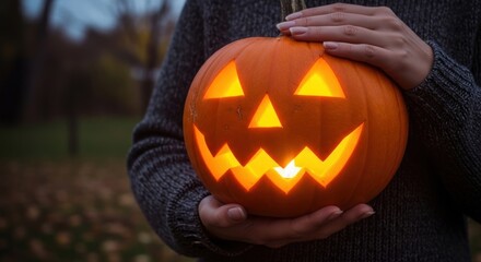 Glowing jack-o'-lantern held by hands in sweater, outdoors