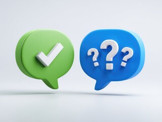 Two speech bubbles, one green with a white check mark, the other blue with multiple white question marks, on a light gray background. 3D rendered illustration