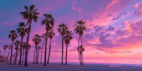 Obraz premium Pastel sunset beach with palm trees