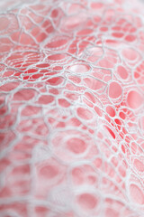 Close-up of intricate white lace fabric with elaborate patterns over a soft pink background, ideal...