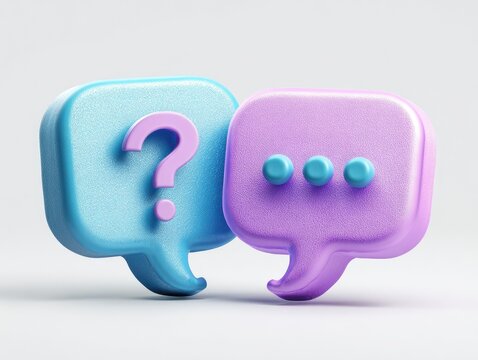 Two pastel-colored speech bubbles, one light blue with a pink question mark, the other light purple with light teal ellipses, on a plain white background