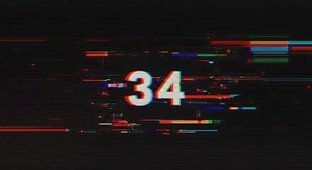 Number 34 displayed with a glitch effect, featuring distorted pixels and colorful horizontal lines against a dark background.