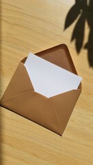 Open brown paper envelope with white paper inside on a wooden surface