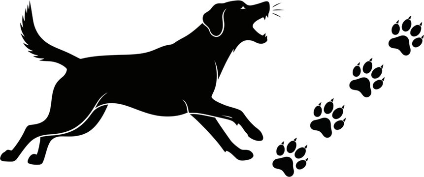 Energetic black dog in silhouette running with paw prints trailing, capturing motion and playful spirit for animal lovers and pet businesses