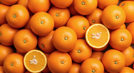 A Beautiful Pile of Fresh Oranges, One Cut Open to Show the Juicy Interior,  Juicy Orange Fruit, a pile of fresh citrus fruits, sliced to show the juicy inside