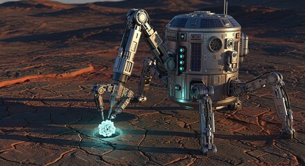 A robotic rover with mechanical arms examining a glowing crystal on a cracked desert surface landscape