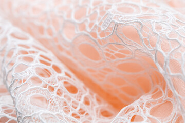 White lace with intricate patterns draped over soft peach background, evoking romance and elegance;...