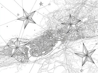 Abstract city map, overlaid with star-like elements