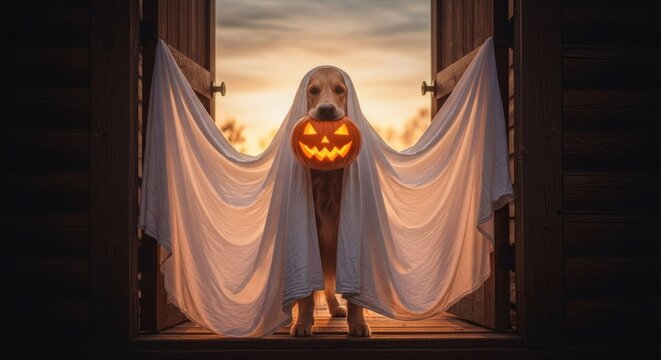 Golden retriever 'ghost' stands with a pumpkin, doorway framed against sunset - Powered by Adobe