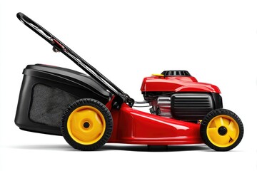 Red lawnmower, side view, isolated on white