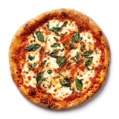 Round pizza topped with mozzarella cheese, tomato sauce, and fresh basil