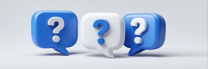 Three 3D question mark icons in blue and white speech bubbles