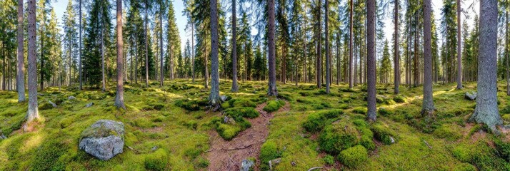 Sunlit forest floor blanketed in moss