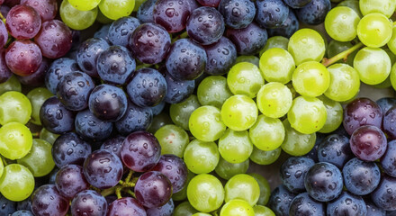 Vibrant Grapes: A Colorful Composition of Purple, Green, and Blue with Dew Drops, Fresh Grapes: A Bountiful Harvest of Varied Colors with Water Droplets